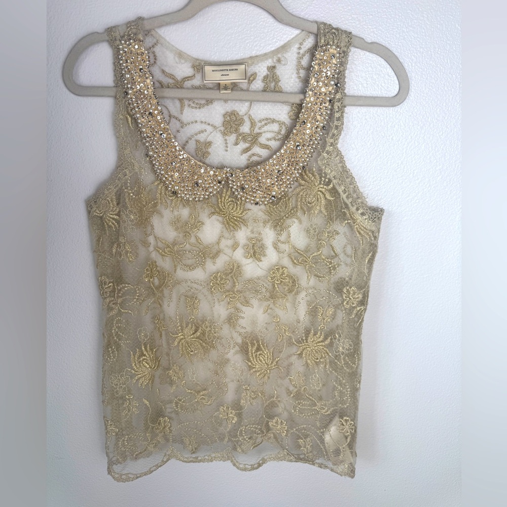 Elegant Gold Embellished Lace Top